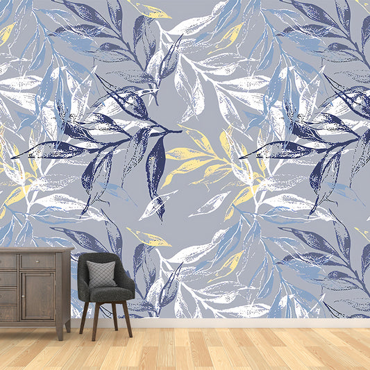 Big Illustration Classic Mural Wallpaper for Bedroom with Leaf and Branch in Grey and Blue Clearhalo 'Wall Decor' 'Wall Mural' 982203