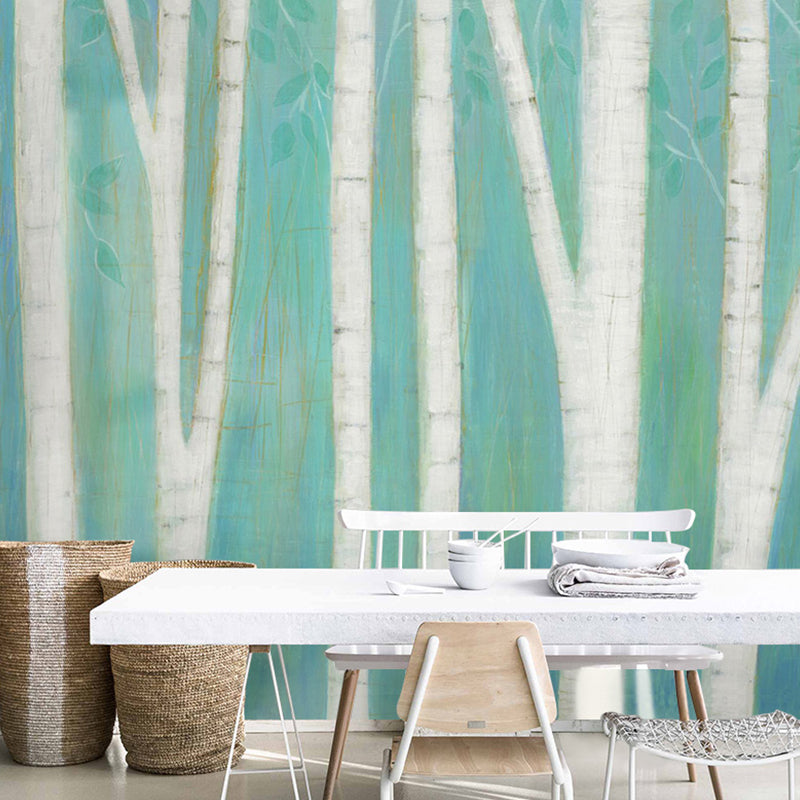 Contemporary Wall Art Green and Blue Birch Tree Mural Wallpaper, Personalized Size Available Green-Blue Clearhalo 'Wall Decor' 'Wall Mural' 982260