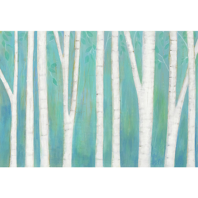 Contemporary Wall Art Green and Blue Birch Tree Mural Wallpaper, Personalized Size Available Clearhalo 'Wall Decor' 'Wall Mural' 982264