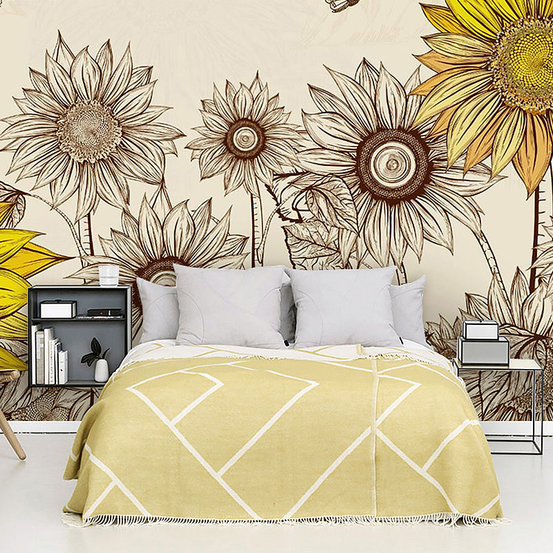 Sunflower Wall Art in Yellow, Nostalgic Countryside Mural Wallpaper for Home Decor Yellow Clearhalo 'Wall Decor' 'Wall Mural' 982290