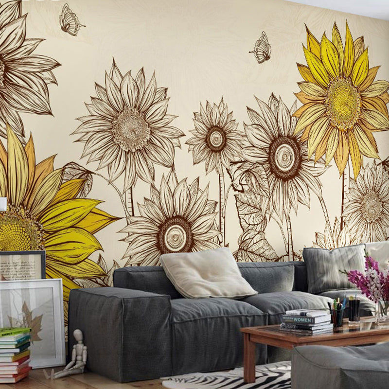 Sunflower Wall Art in Yellow, Nostalgic Countryside Mural Wallpaper for Home Decor Clearhalo 'Wall Decor' 'Wall Mural' 982293