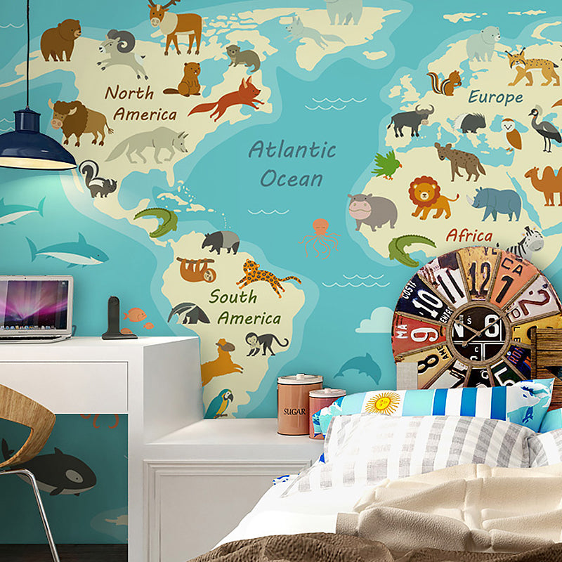 Illustration Wall Art Animal World Map Extra Large Mural for Kid, Made to Measure Green-Blue Clearhalo 'Wall Decor' 'Wall Mural' 982380