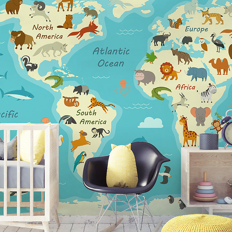 Illustration Wall Art Animal World Map Extra Large Mural for Kid, Made to Measure Clearhalo 'Wall Decor' 'Wall Mural' 982381