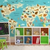 Illustration Wall Art Animal World Map Extra Large Mural for Kid, Made to Measure Clearhalo 'Wall Decor' 'Wall Mural' 982382