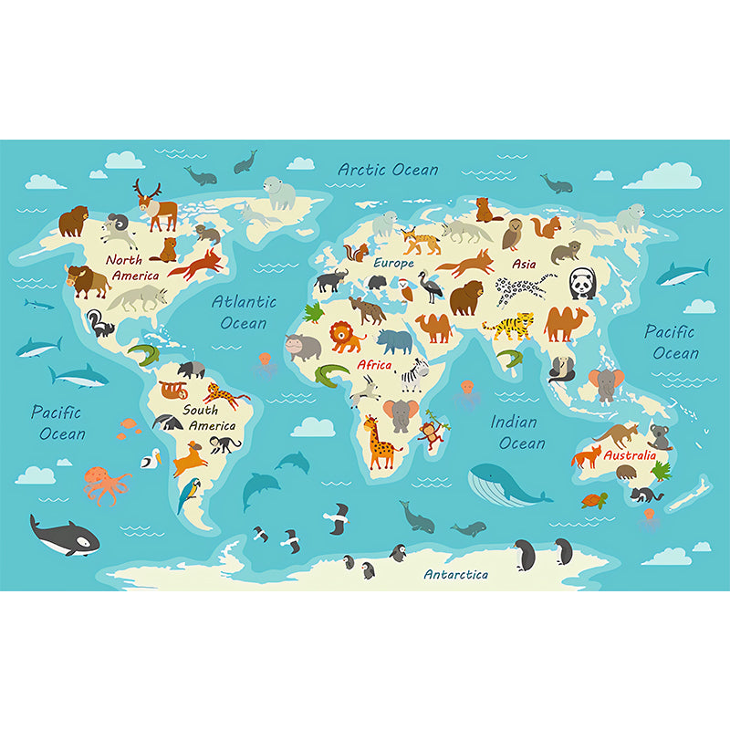 Illustration Wall Art Animal World Map Extra Large Mural for Kid, Made to Measure Clearhalo 'Wall Decor' 'Wall Mural' 982384