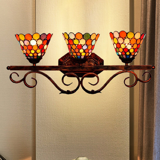 Stained Glass Dots Flared Wall Lamp Tiffany 3-Head Rust Vanity Sconce Light for Bathroom Rust Clearhalo 'Art deco wall lights' 'Cast Iron' 'Glass' 'Industrial' 'Middle century wall lights' 'Modern' 'Tiffany wall lights' 'Tiffany' 'Traditional wall lights' 'Wall Lamps & Sconces' 'Wall Lights' Lighting' 982487