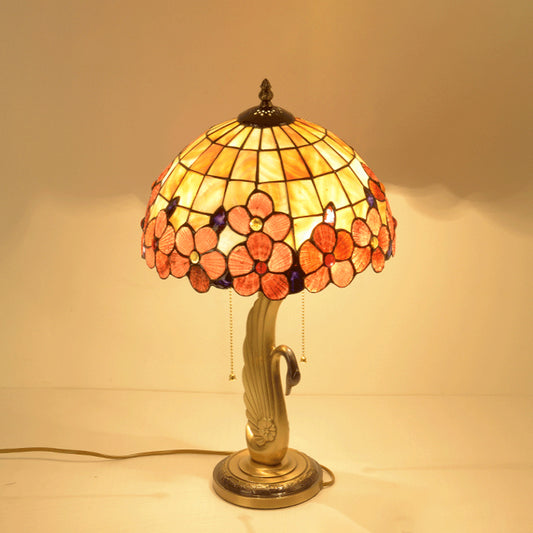 Flower-Edge Pink Grid Glass Night Lamp Tiffany 2-Light Gold Pull Chain Table Lighting with Swan Base Clearhalo 'Lamps' 'Table Lamps' Lighting' 982508