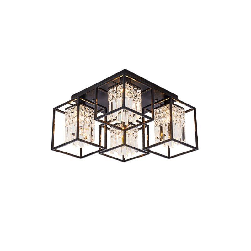 Cuboid Shade Semi Mount Lighting Modernist 4 Lights Black Flush Ceiling Lamp with Frame Clearhalo 'Ceiling Lights' 'Close To Ceiling Lights' 'Close to ceiling' 'Semi-flushmount' Lighting' 982517