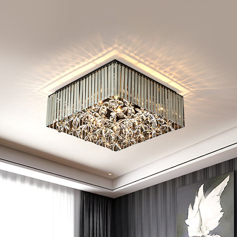 Squared Bedroom Flush Mount Smoke Gray Crystal 7 Heads Modernism Flush Light Fixture with Flower Droplet Inside Smoke Gray Clearhalo 'Ceiling Lights' 'Close To Ceiling Lights' 'Close to ceiling' 'Flush mount' Lighting' 982519