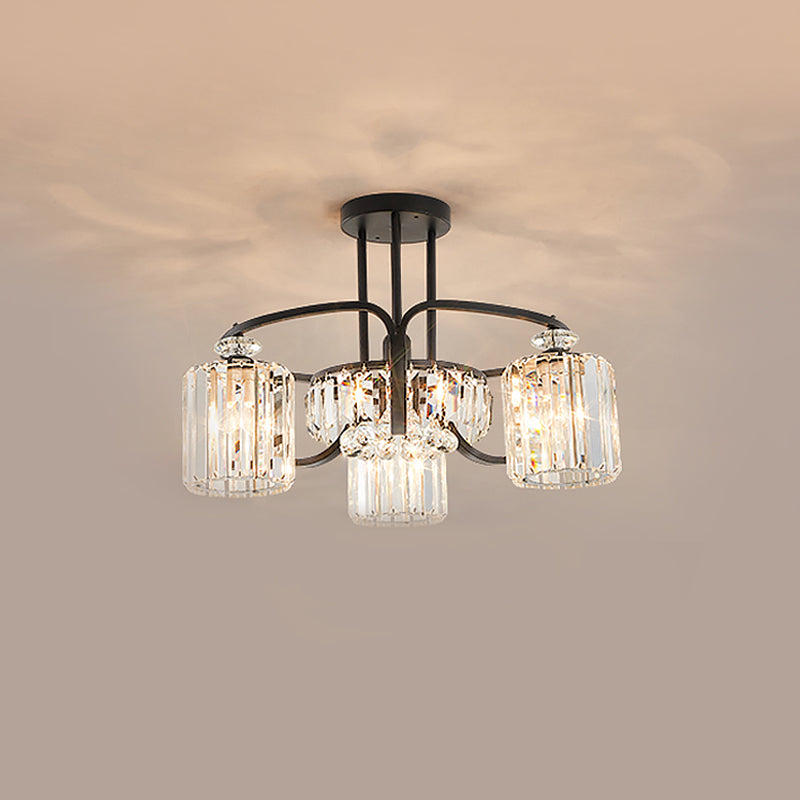 4/8 Heads Dining Room Semi Mount Lighting Modern Black Ceiling Lamp Fixture with Cylindrical Clear Crystal Block Shade Clearhalo 'Ceiling Lights' 'Close To Ceiling Lights' 'Close to ceiling' 'Semi-flushmount' Lighting' 982537