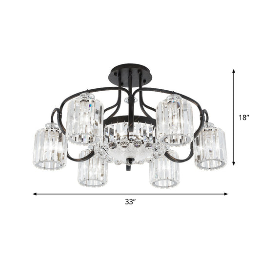 4/8 Heads Dining Room Semi Mount Lighting Modern Black Ceiling Lamp Fixture with Cylindrical Clear Crystal Block Shade Clearhalo 'Ceiling Lights' 'Close To Ceiling Lights' 'Close to ceiling' 'Semi-flushmount' Lighting' 982543