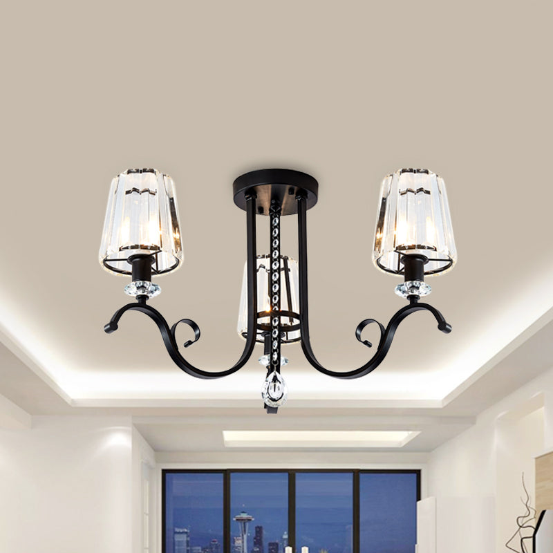 3/7 Heads Dining Room Hanging Light Kit Modernism Black Finish Ceiling Chandelier with Cone Crystal Shade 3 Black Clearhalo 'Ceiling Lights' 'Close To Ceiling Lights' 'Close to ceiling' 'Semi-flushmount' Lighting' 982565