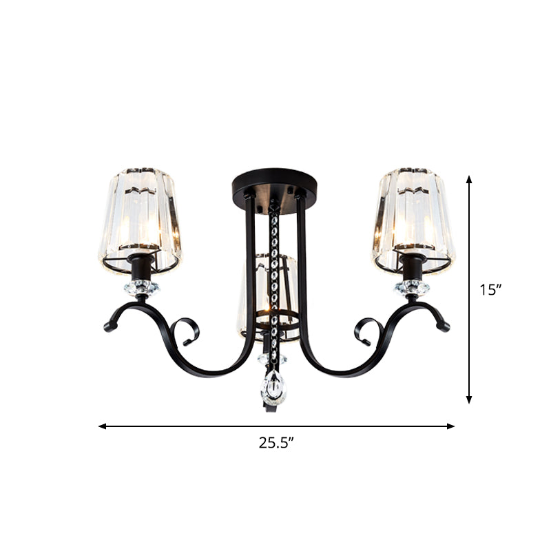 3/7 Heads Dining Room Hanging Light Kit Modernism Black Finish Ceiling Chandelier with Cone Crystal Shade Clearhalo 'Ceiling Lights' 'Close To Ceiling Lights' 'Close to ceiling' 'Semi-flushmount' Lighting' 982568