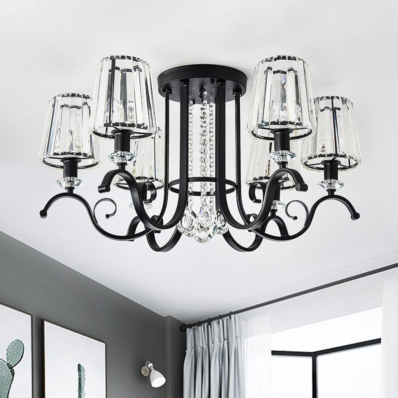 3/7 Heads Dining Room Hanging Light Kit Modernism Black Finish Ceiling Chandelier with Cone Crystal Shade 7 Black Clearhalo 'Ceiling Lights' 'Close To Ceiling Lights' 'Close to ceiling' 'Semi-flushmount' Lighting' 982569