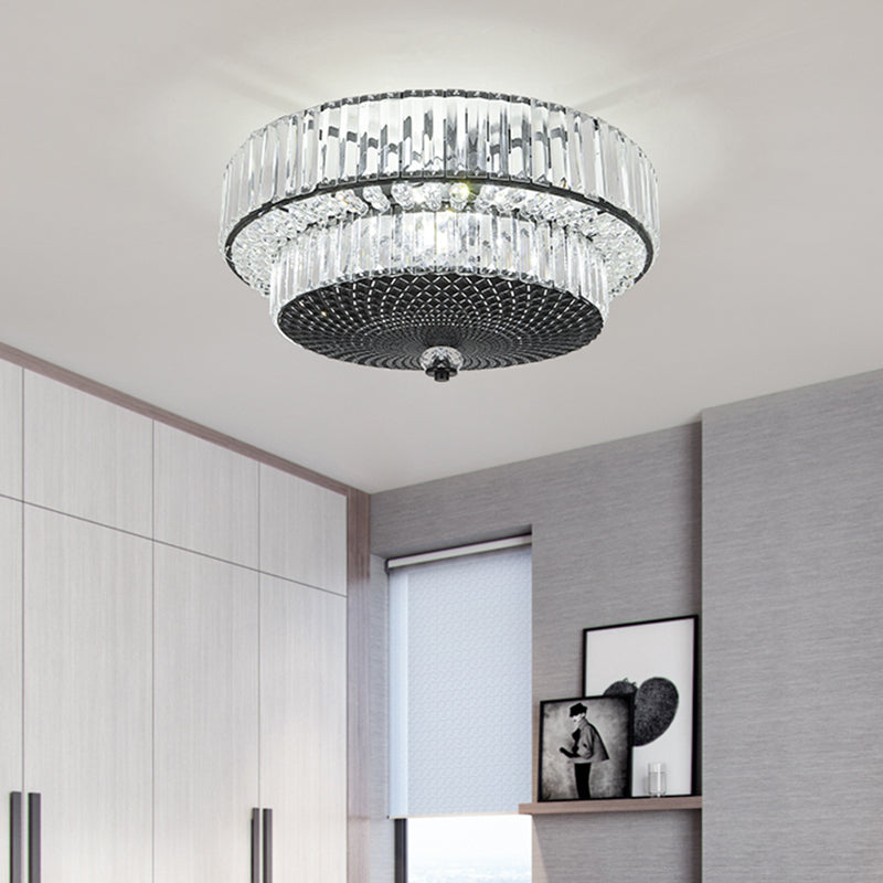 2-Tier Drum Flushmount Lamp Modernism Crystal Block 4-Light Black Flush Mounted Lighting Black Clearhalo 'Ceiling Lights' 'Close To Ceiling Lights' 'Close to ceiling' 'Flush mount' Lighting' 982588