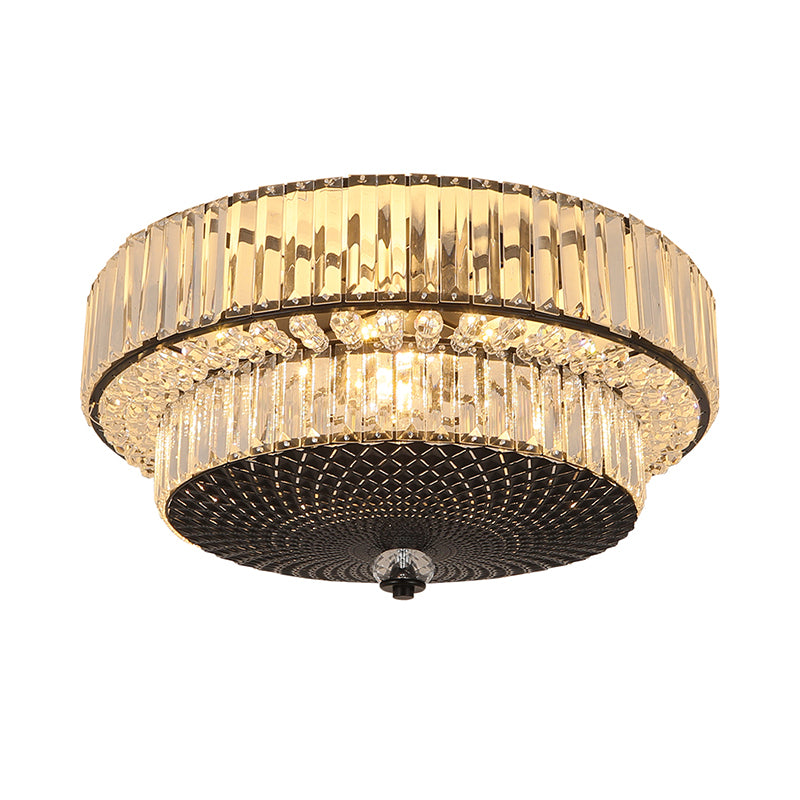 2-Tier Drum Flushmount Lamp Modernism Crystal Block 4-Light Black Flush Mounted Lighting Clearhalo 'Ceiling Lights' 'Close To Ceiling Lights' 'Close to ceiling' 'Flush mount' Lighting' 982590