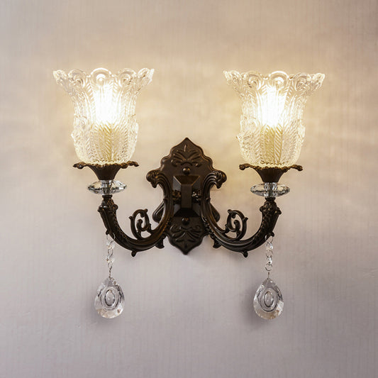 Minimalist 1/2-Bulb Wall Lighting with Clear Crystal Glass Shade Black Flower Wall Mount Lamp Clearhalo 'Modern wall lights' 'Modern' 'Wall Lamps & Sconces' 'Wall Lights' Lighting' 982637