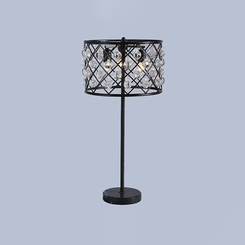 Modernist Grid Nightstand Light with Drum Design Crystal Drip 3 Lights Bedside Table Lamp in Black Clearhalo 'Lamps' 'Table Lamps' Lighting' 982755
