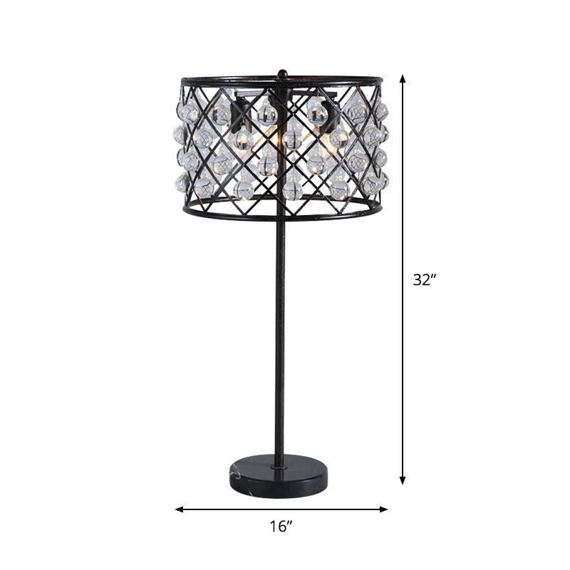 Modernist Grid Nightstand Light with Drum Design Crystal Drip 3 Lights Bedside Table Lamp in Black Clearhalo 'Lamps' 'Table Lamps' Lighting' 982756