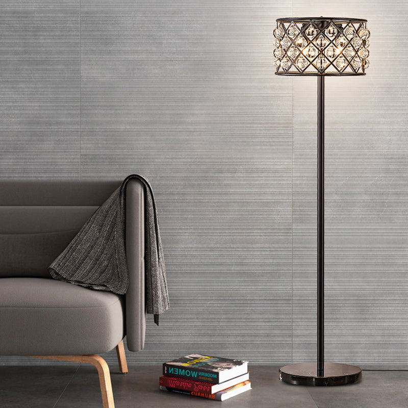 Black Finish Drum Standard Light with Grid Design Modernism 3 Lights Crystal Drip Floor Lamp Black Clearhalo 'Floor Lamps' 'Lamps' Lighting' 982765