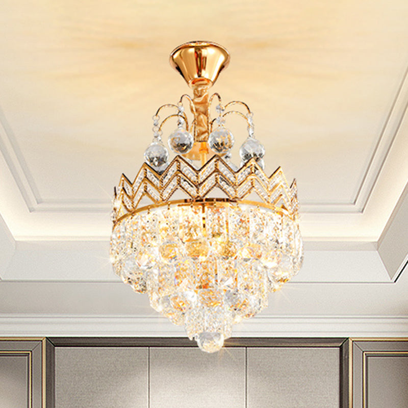 3 Bulbs Conical Semi Flush Mount with Crown Design Traditional Gold Faceted Crystal Ceiling Mount Light Gold Clearhalo 'Ceiling Lights' 'Close To Ceiling Lights' 'Close to ceiling' 'Semi-flushmount' Lighting' 982810