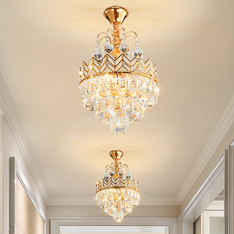 3 Bulbs Conical Semi Flush Mount with Crown Design Traditional Gold Faceted Crystal Ceiling Mount Light Clearhalo 'Ceiling Lights' 'Close To Ceiling Lights' 'Close to ceiling' 'Semi-flushmount' Lighting' 982811