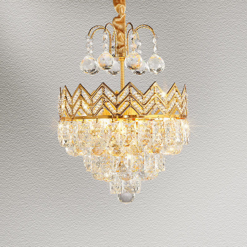 3 Bulbs Conical Semi Flush Mount with Crown Design Traditional Gold Faceted Crystal Ceiling Mount Light Clearhalo 'Ceiling Lights' 'Close To Ceiling Lights' 'Close to ceiling' 'Semi-flushmount' Lighting' 982812