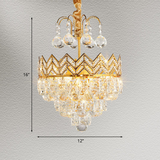 3 Bulbs Conical Semi Flush Mount with Crown Design Traditional Gold Faceted Crystal Ceiling Mount Light Clearhalo 'Ceiling Lights' 'Close To Ceiling Lights' 'Close to ceiling' 'Semi-flushmount' Lighting' 982813