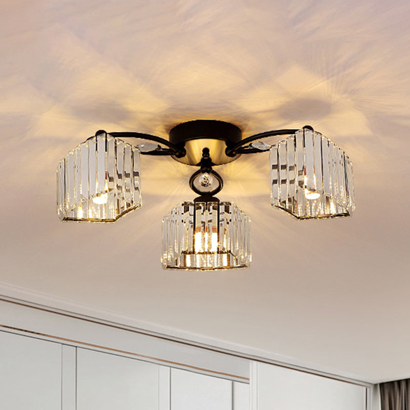 Crystal Prism Clear Semi Flush Chandelier Curved 3/9 Heads Modern Style Flush Ceiling Light 3 Clear Clearhalo 'Ceiling Lights' 'Close To Ceiling Lights' 'Close to ceiling' 'Semi-flushmount' Lighting' 982822