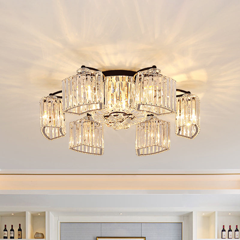 Crystal Prism Clear Semi Flush Chandelier Curved 3/9 Heads Modern Style Flush Ceiling Light 9 Clear Clearhalo 'Ceiling Lights' 'Close To Ceiling Lights' 'Close to ceiling' 'Semi-flushmount' Lighting' 982826