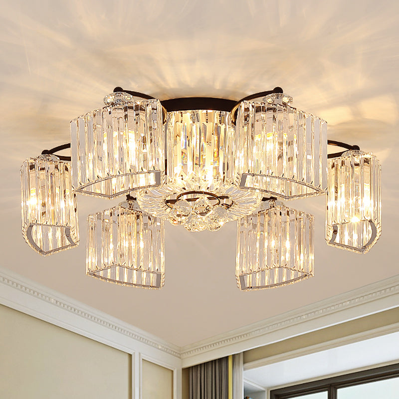 Crystal Prism Clear Semi Flush Chandelier Curved 3/9 Heads Modern Style Flush Ceiling Light Clearhalo 'Ceiling Lights' 'Close To Ceiling Lights' 'Close to ceiling' 'Semi-flushmount' Lighting' 982827