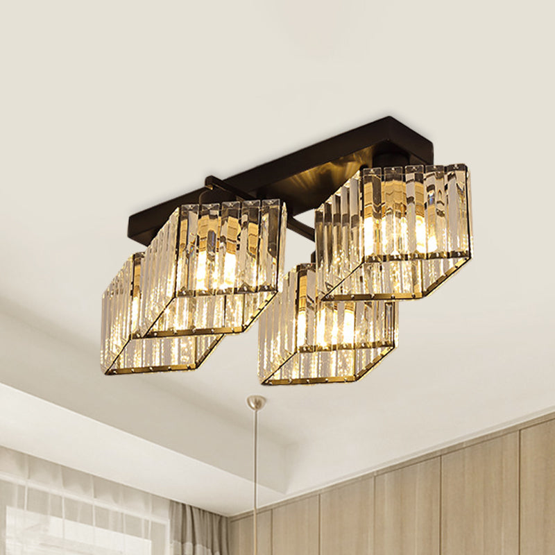 Black 4/5-Bulb Flush Chandelier Modern Crystal Prism Parallelogram Semi Mount Lighting 4 Black Clearhalo 'Ceiling Lights' 'Close To Ceiling Lights' 'Close to ceiling' 'Semi-flushmount' Lighting' 982843