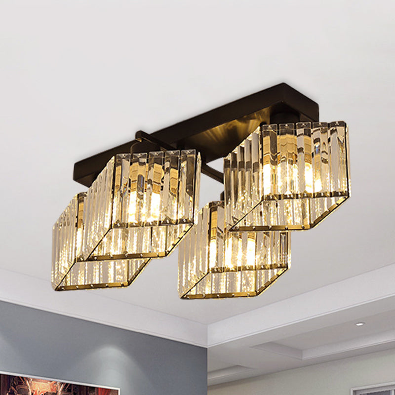 Black 4/5-Bulb Flush Chandelier Modern Crystal Prism Parallelogram Semi Mount Lighting Clearhalo 'Ceiling Lights' 'Close To Ceiling Lights' 'Close to ceiling' 'Semi-flushmount' Lighting' 982844