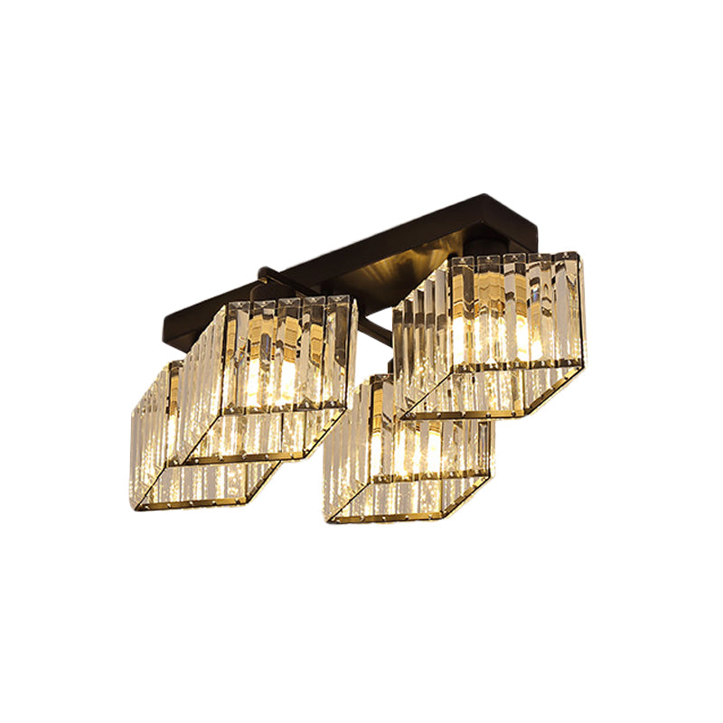 Black 4/5-Bulb Flush Chandelier Modern Crystal Prism Parallelogram Semi Mount Lighting Clearhalo 'Ceiling Lights' 'Close To Ceiling Lights' 'Close to ceiling' 'Semi-flushmount' Lighting' 982845