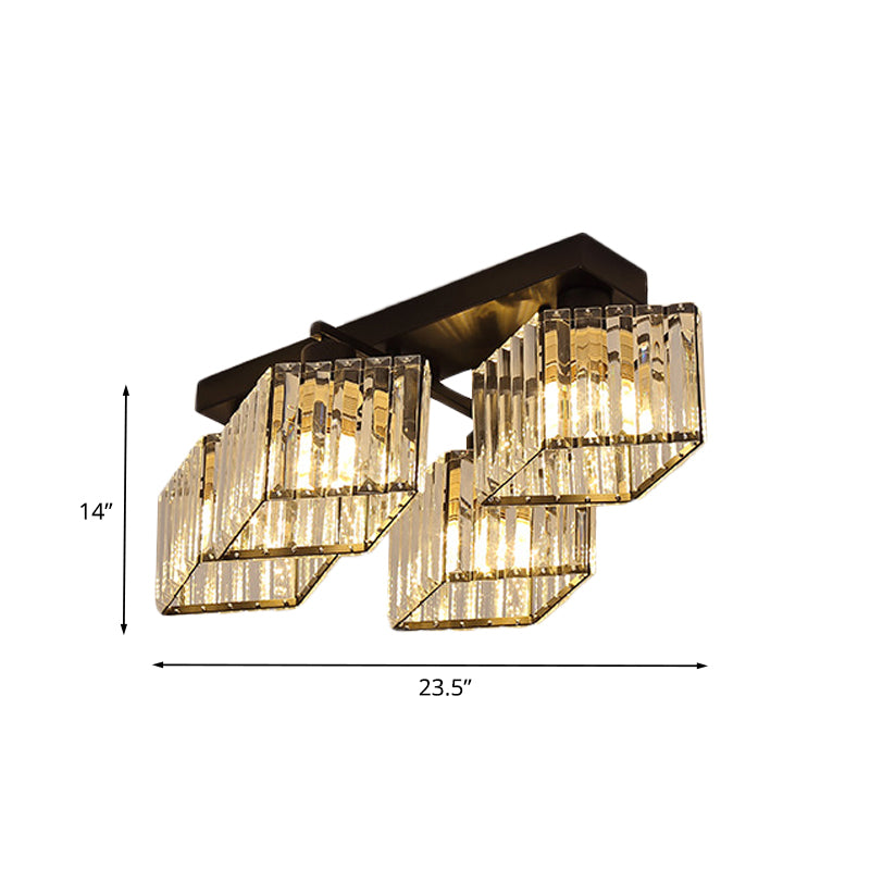 Black 4/5-Bulb Flush Chandelier Modern Crystal Prism Parallelogram Semi Mount Lighting Clearhalo 'Ceiling Lights' 'Close To Ceiling Lights' 'Close to ceiling' 'Semi-flushmount' Lighting' 982846