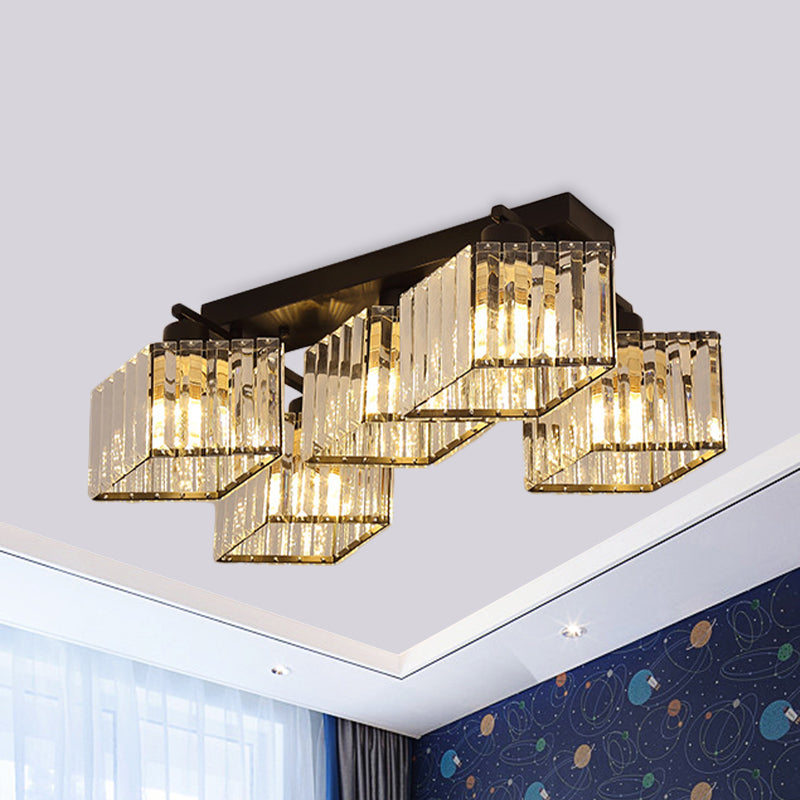 Black 4/5-Bulb Flush Chandelier Modern Crystal Prism Parallelogram Semi Mount Lighting Clearhalo 'Ceiling Lights' 'Close To Ceiling Lights' 'Close to ceiling' 'Semi-flushmount' Lighting' 982849