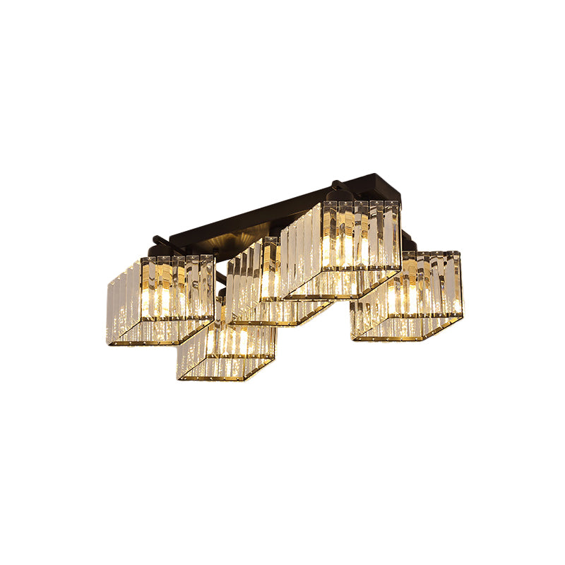 Black 4/5-Bulb Flush Chandelier Modern Crystal Prism Parallelogram Semi Mount Lighting Clearhalo 'Ceiling Lights' 'Close To Ceiling Lights' 'Close to ceiling' 'Semi-flushmount' Lighting' 982850