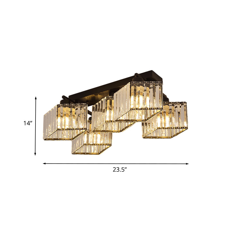 Black 4/5-Bulb Flush Chandelier Modern Crystal Prism Parallelogram Semi Mount Lighting Clearhalo 'Ceiling Lights' 'Close To Ceiling Lights' 'Close to ceiling' 'Semi-flushmount' Lighting' 982851