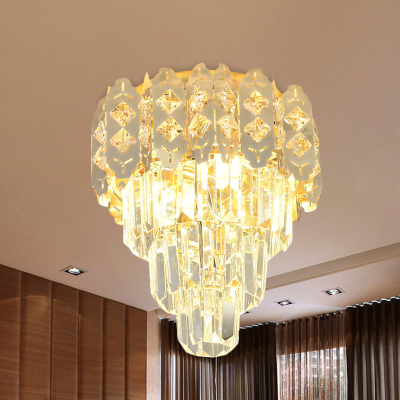 3 Lights Layered Tapered Ceiling Fixture Modern Style Gold Crystal Prism Semi Mount Lighting Gold Clearhalo 'Ceiling Lights' 'Close To Ceiling Lights' 'Close to ceiling' 'Flush mount' Lighting' 982877