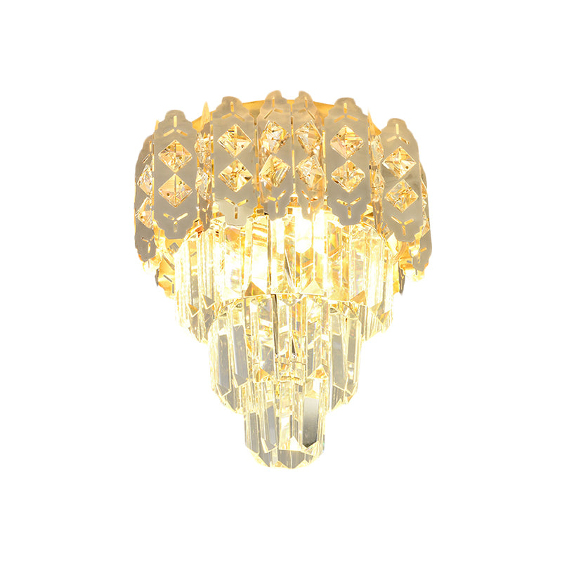 3 Lights Layered Tapered Ceiling Fixture Modern Style Gold Crystal Prism Semi Mount Lighting Clearhalo 'Ceiling Lights' 'Close To Ceiling Lights' 'Close to ceiling' 'Flush mount' Lighting' 982879