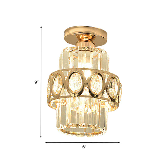 Cylinder Prismatic Crystal Flush Light Modern 1 Head Aisle Semi Flush Ceiling Light with Circlet/Leaf Guard in Gold Clearhalo 'Ceiling Lights' 'Close To Ceiling Lights' 'Close to ceiling' 'Semi-flushmount' Lighting' 982884