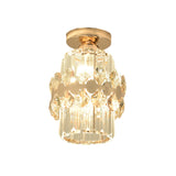 Cylinder Prismatic Crystal Flush Light Modern 1 Head Aisle Semi Flush Ceiling Light with Circlet/Leaf Guard in Gold Clearhalo 'Ceiling Lights' 'Close To Ceiling Lights' 'Close to ceiling' 'Semi-flushmount' Lighting' 982888