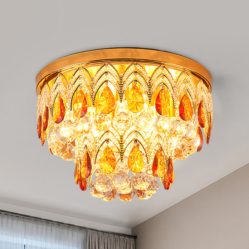 2-Tier Tan Crystal Droplets Ceiling Lamp Traditional 6 Lights Living Room Flush Mount Fixture in Gold Clearhalo 'Ceiling Lights' 'Close To Ceiling Lights' 'Close to ceiling' 'Flush mount' Lighting' 982903