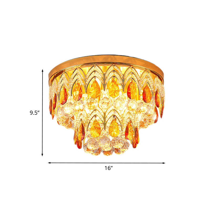 2-Tier Tan Crystal Droplets Ceiling Lamp Traditional 6 Lights Living Room Flush Mount Fixture in Gold Clearhalo 'Ceiling Lights' 'Close To Ceiling Lights' 'Close to ceiling' 'Flush mount' Lighting' 982905