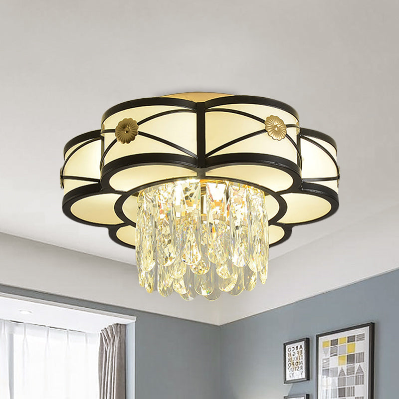 Iron Black Flushmount Light Flower Shaped 4 Heads Modern Ceiling Lamp with Crystal Rod Drop Clearhalo 'Ceiling Lights' 'Close To Ceiling Lights' 'Close to ceiling' 'Flush mount' Lighting' 982931