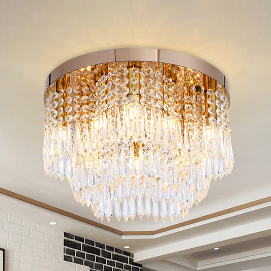 Layered Crystal Fringe Floral Flushmount Contemporary 10 Bulbs Dining Room Ceiling Mount Light in Gold Gold Clearhalo 'Ceiling Lights' 'Close To Ceiling Lights' 'Close to ceiling' 'Flush mount' Lighting' 982934