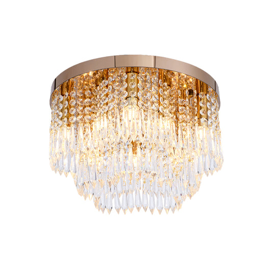 Layered Crystal Fringe Floral Flushmount Contemporary 10 Bulbs Dining Room Ceiling Mount Light in Gold Clearhalo 'Ceiling Lights' 'Close To Ceiling Lights' 'Close to ceiling' 'Flush mount' Lighting' 982936