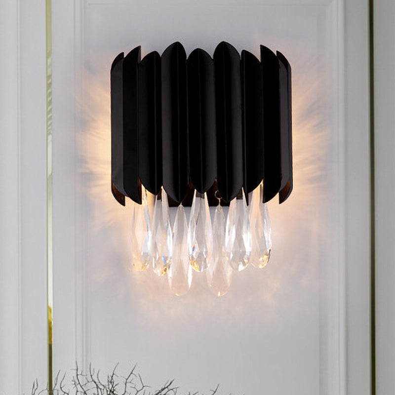 2 Lights Flush Mount Wall Sconce Mid Century Tube Metal Wall Lamp in Black with Cut Crystal Droplets Black Clearhalo 'Modern wall lights' 'Modern' 'Wall Lamps & Sconces' 'Wall Lights' Lighting' 982938