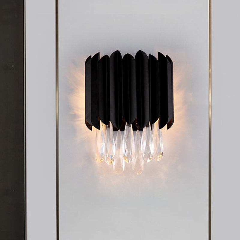 2 Lights Flush Mount Wall Sconce Mid Century Tube Metal Wall Lamp in Black with Cut Crystal Droplets Clearhalo 'Modern wall lights' 'Modern' 'Wall Lamps & Sconces' 'Wall Lights' Lighting' 982939