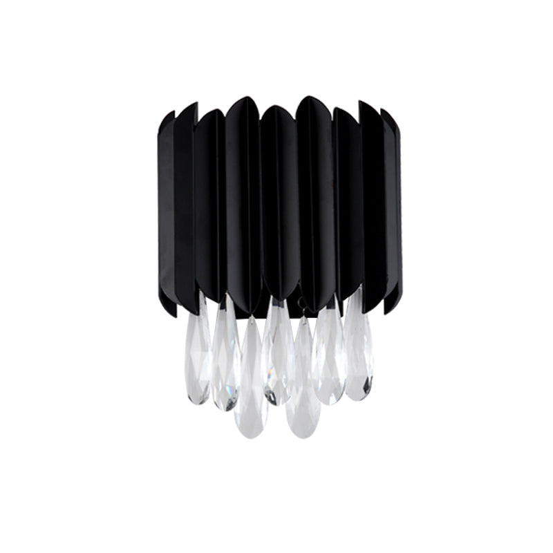 2 Lights Flush Mount Wall Sconce Mid Century Tube Metal Wall Lamp in Black with Cut Crystal Droplets Clearhalo 'Modern wall lights' 'Modern' 'Wall Lamps & Sconces' 'Wall Lights' Lighting' 982940